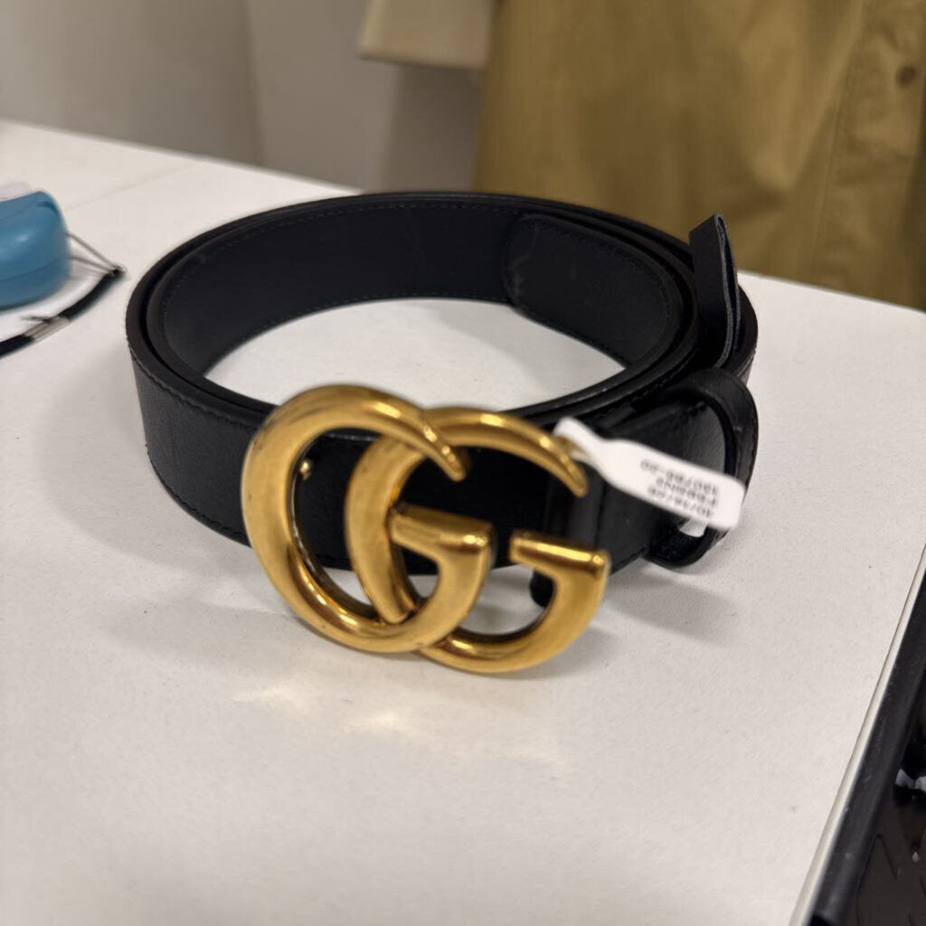 Black Leather Gold GG Belt, 80