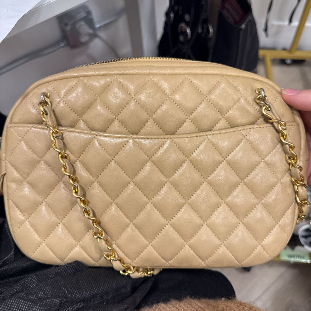 Beige Quilted Camera Bag on Chain