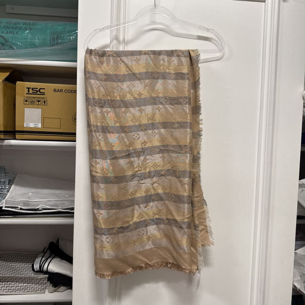 Beige/Gray Monogram Fringe Hem Scarf