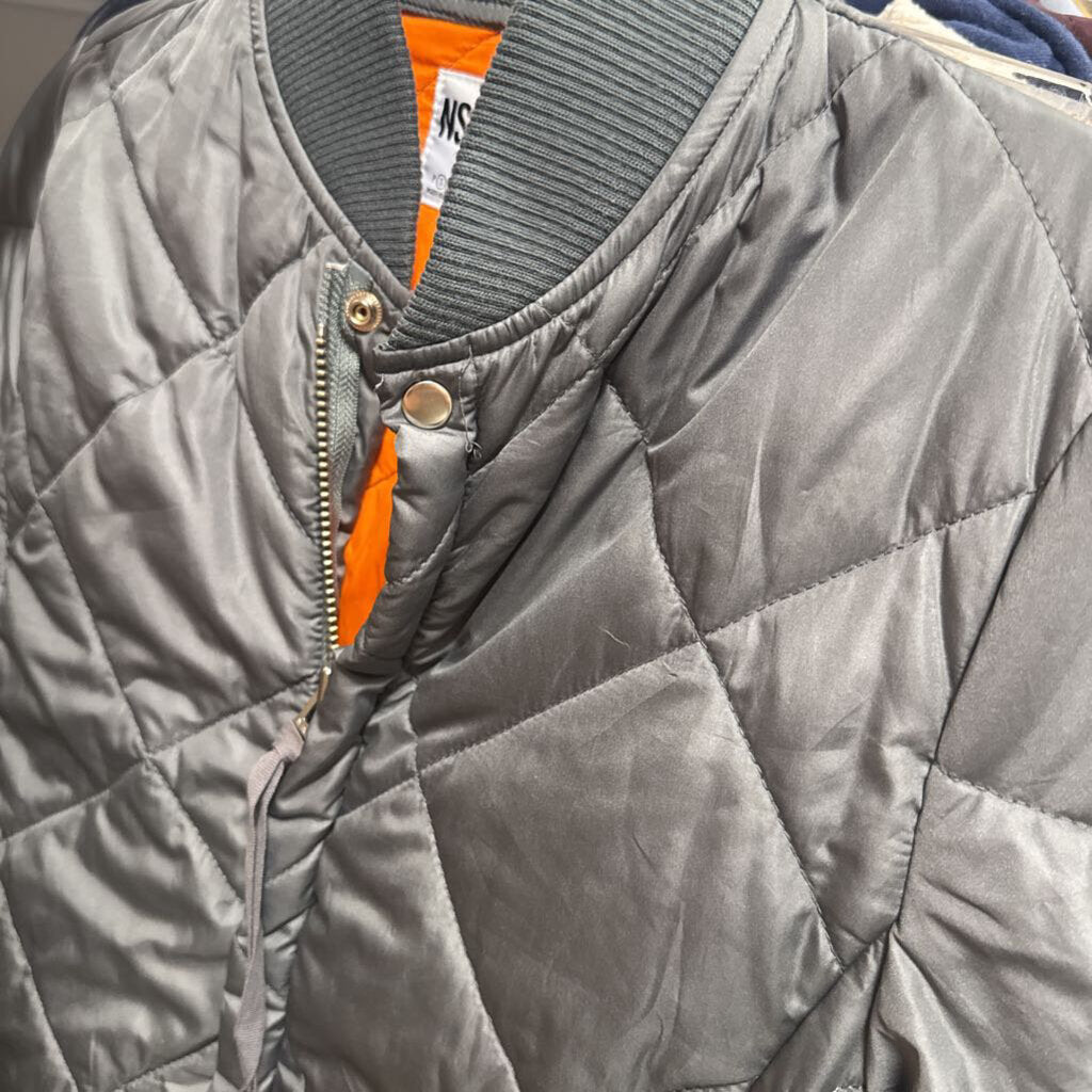 Grey Green Poly Quilted Bomber Jacket
