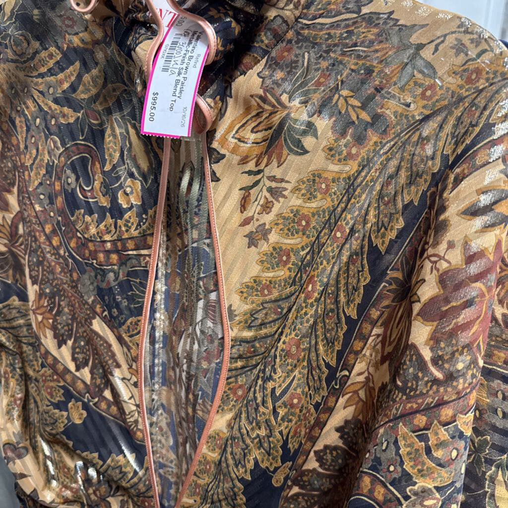 Brown Paisley Metallic-Finish Silk Blend Top (est 3600)