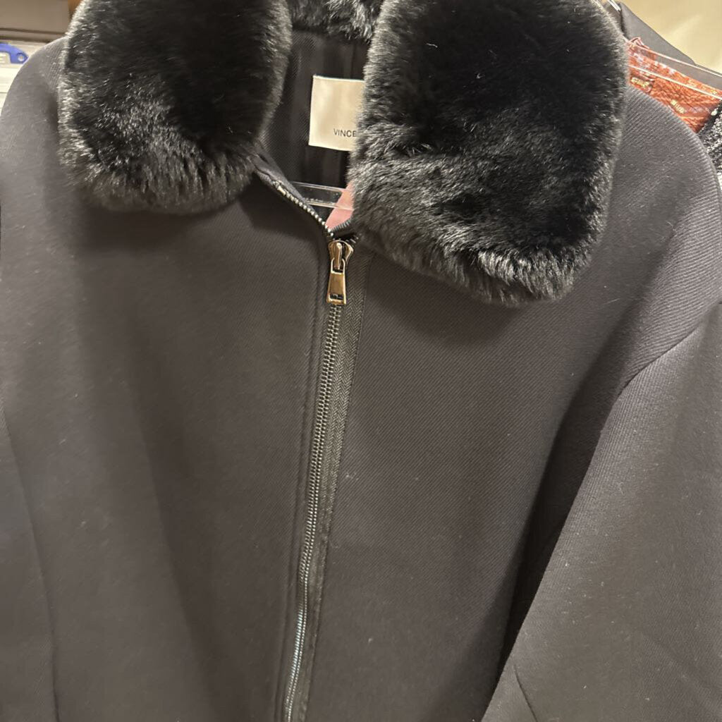 Black Viscose/Poly Blend Rabbit Fur Trim Coat