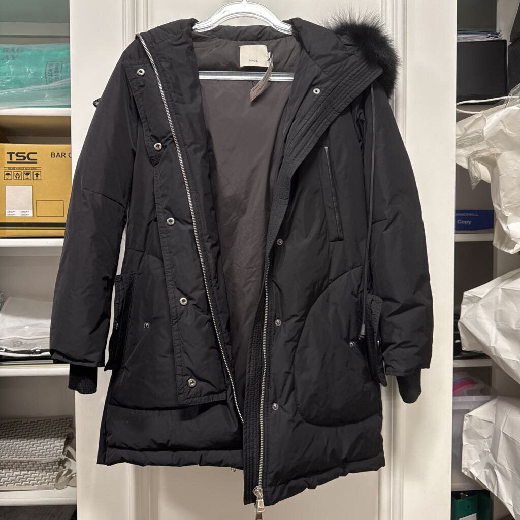 Black Poly/Nylon Fox Fur Trim Puffer Coat