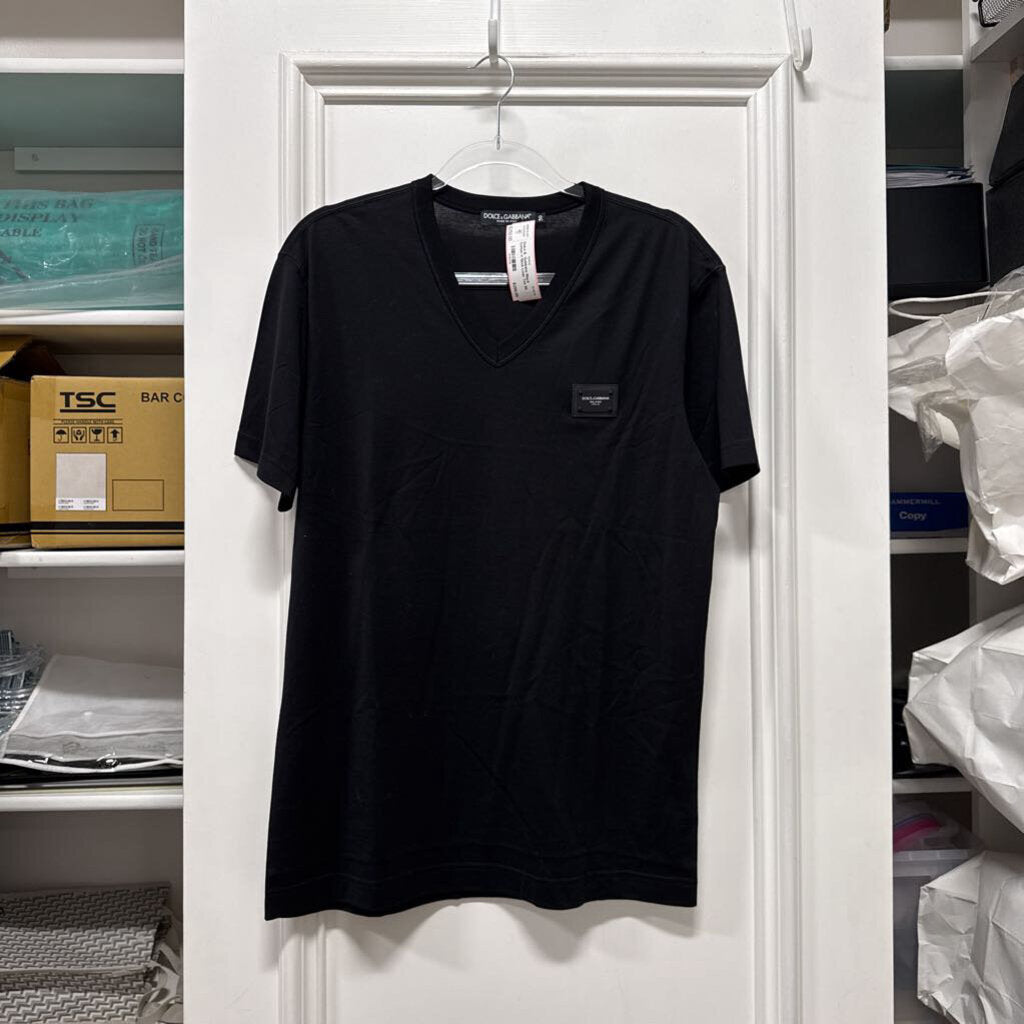 Black Cotton V Neck Logo Tee