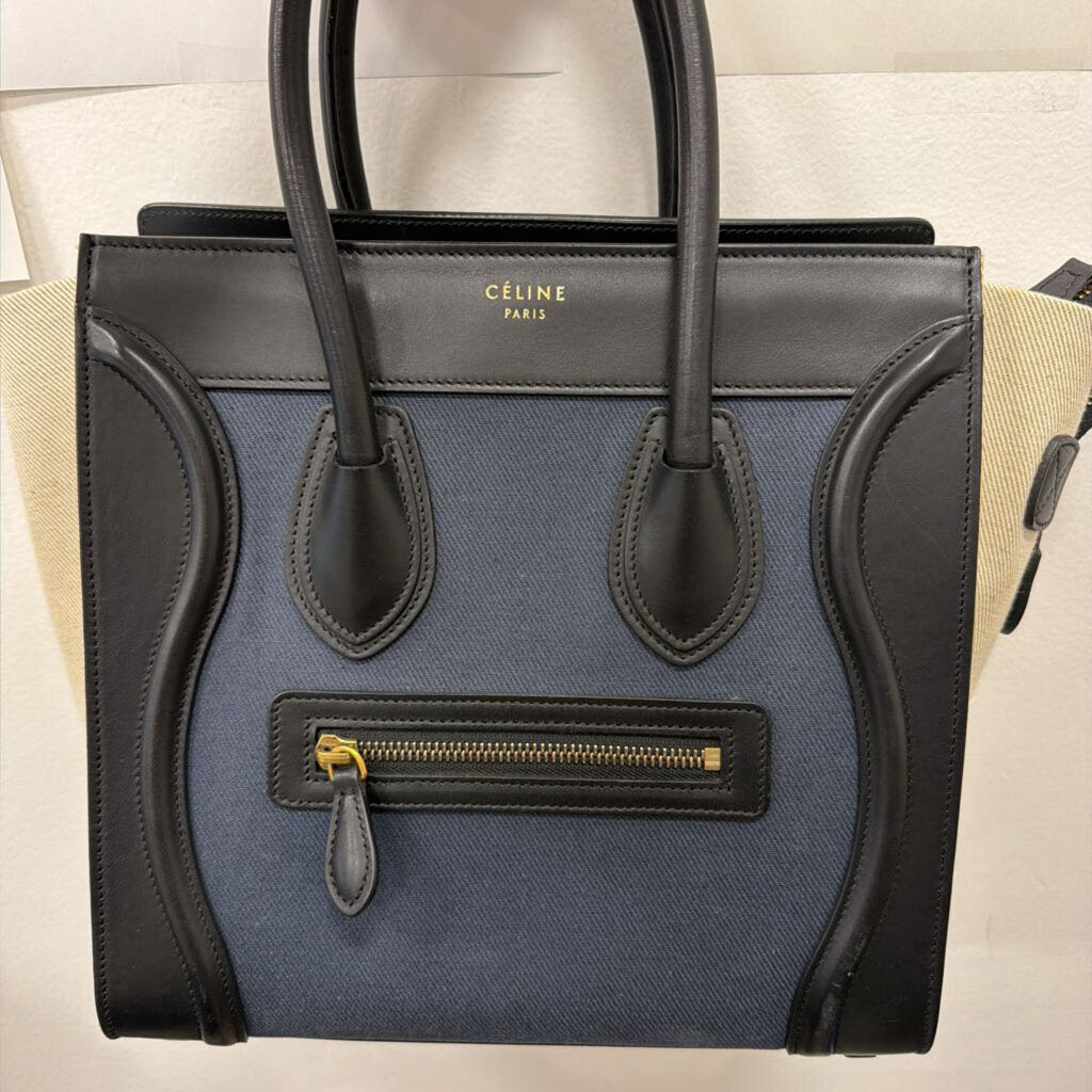 Navy Beige Canvas Tri Color Micro Luggage Tote