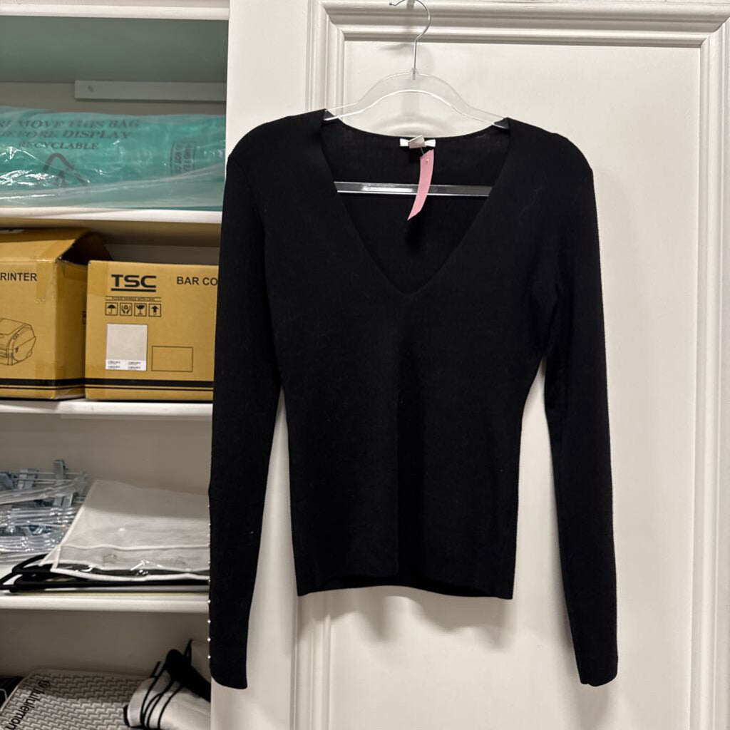Black Wool Blend V Neck Sweater