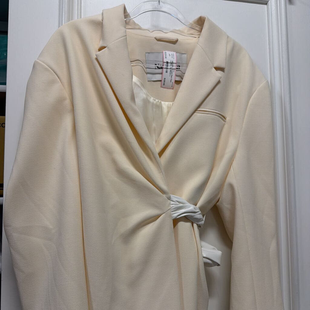 Cream Poly Faux Leather Tie Blazer