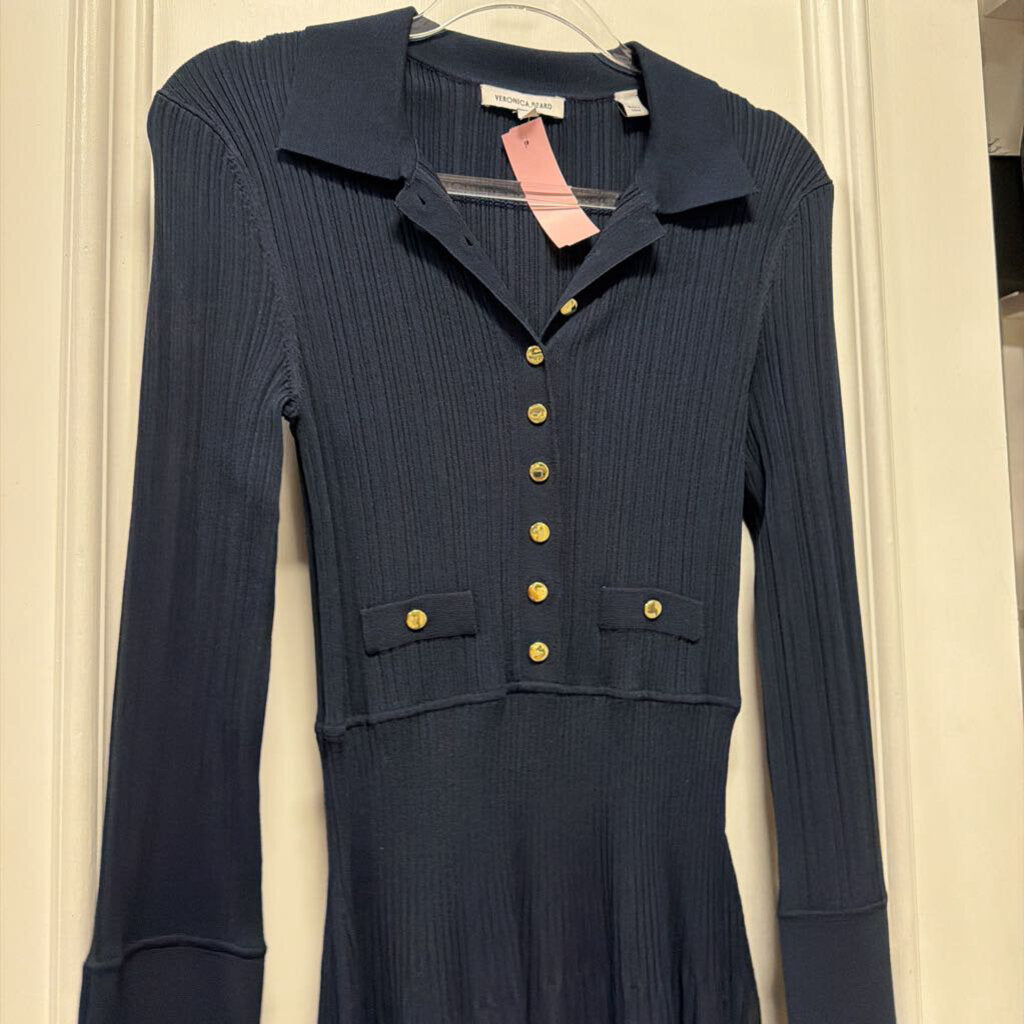 Navy Viscose Knit LS Collared Dress