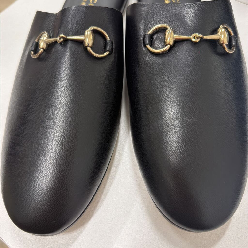 Black Leather Horsebit Slides, 38.5