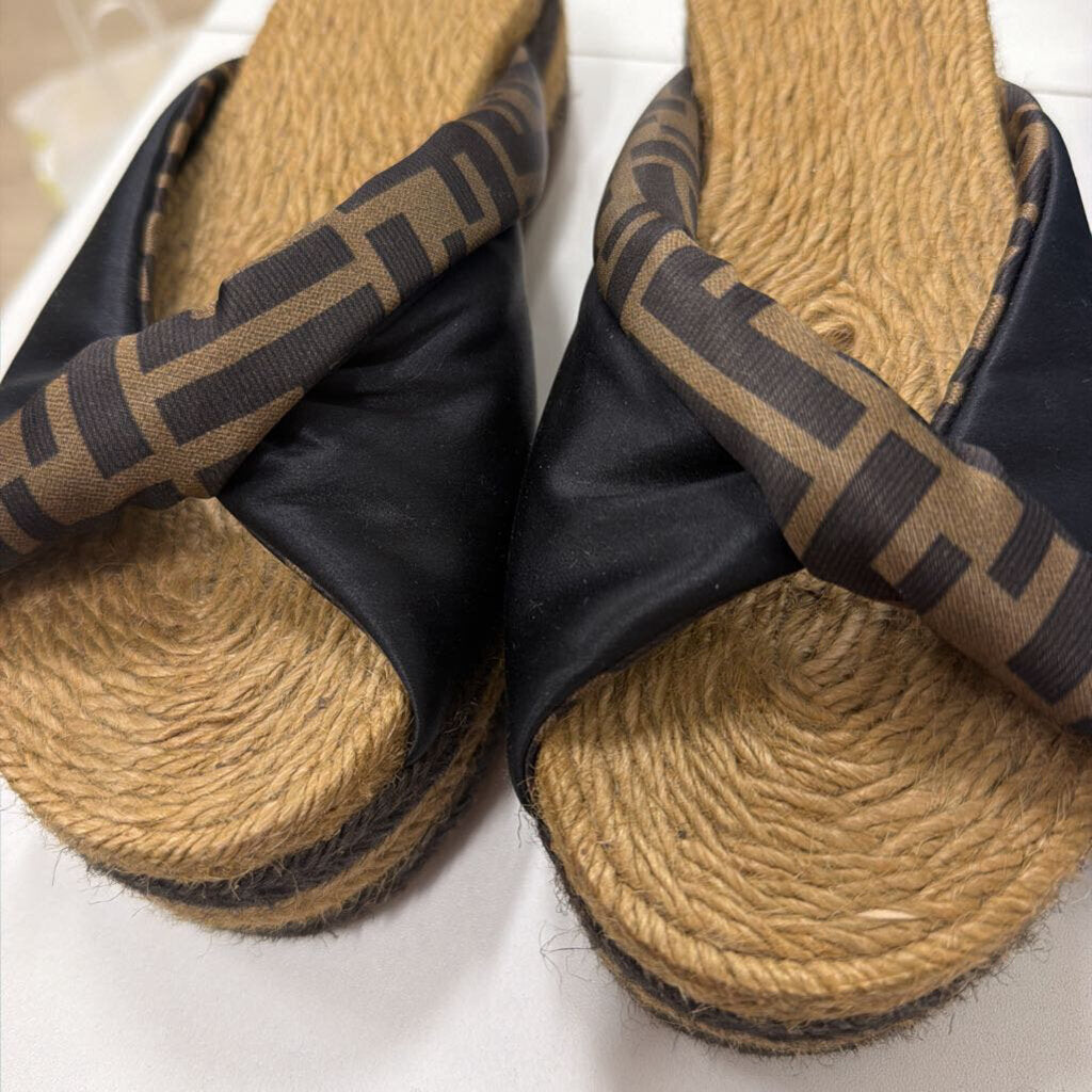 Black Logo Espadrille Platform Slides, 39
