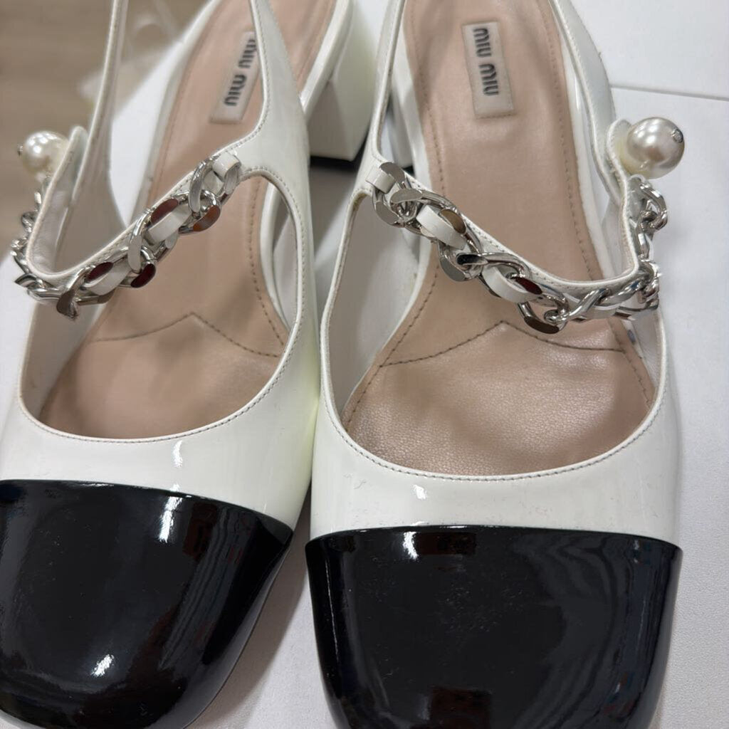 White Patent Leather Faux Pearl Mary Jane Shoes, 41