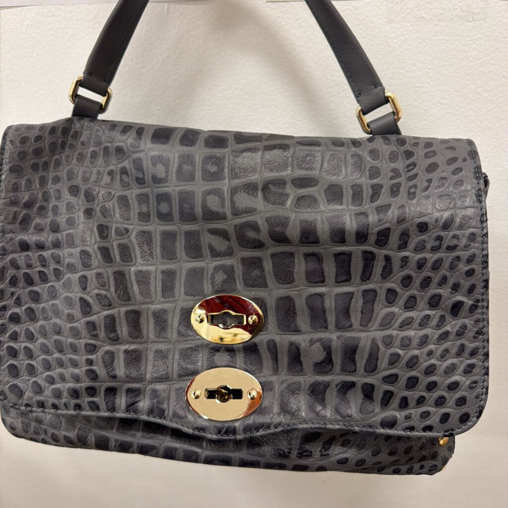 Grey Croc Embossed Leather Top Handle Bag