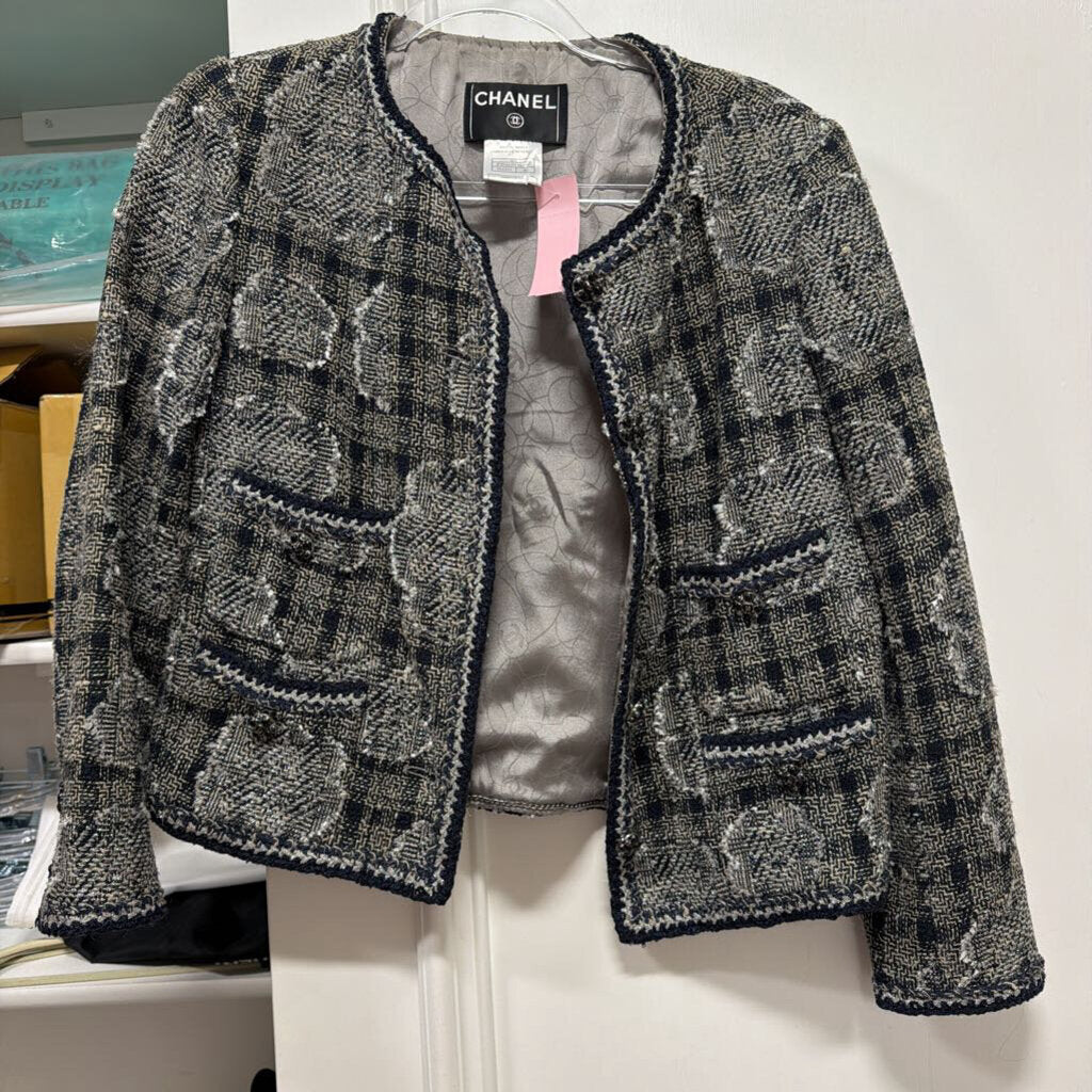 06A Paris-NY Navy Wool Blend Camellia Tweed Jacket