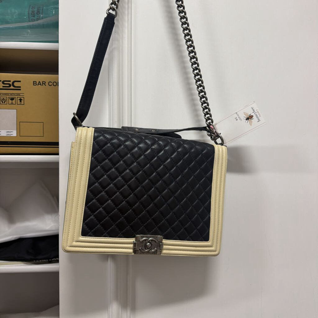 Black/Tan Quilted Lambskin Boy Bag