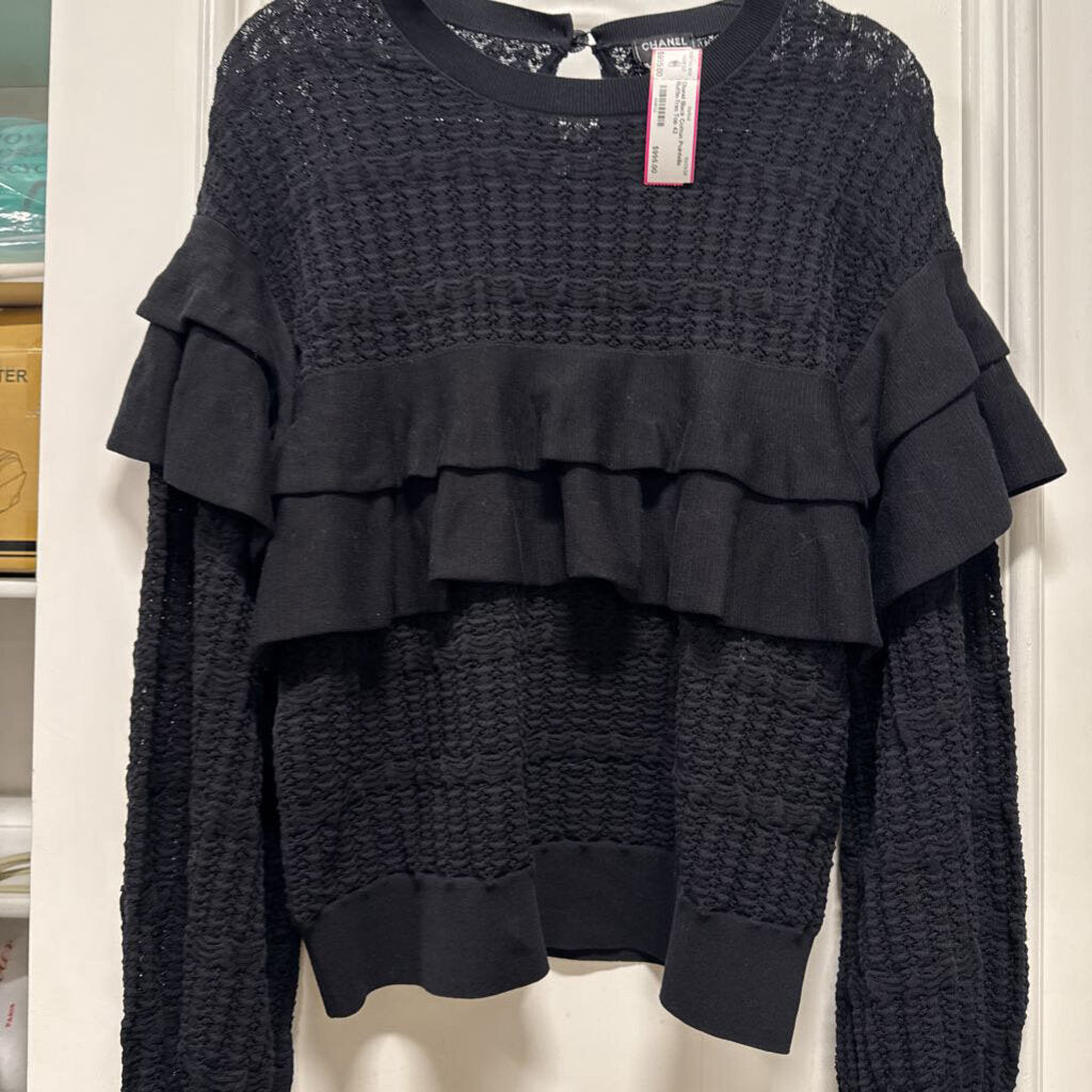 Black Cotton Pointelle Ruffle-Trim Top