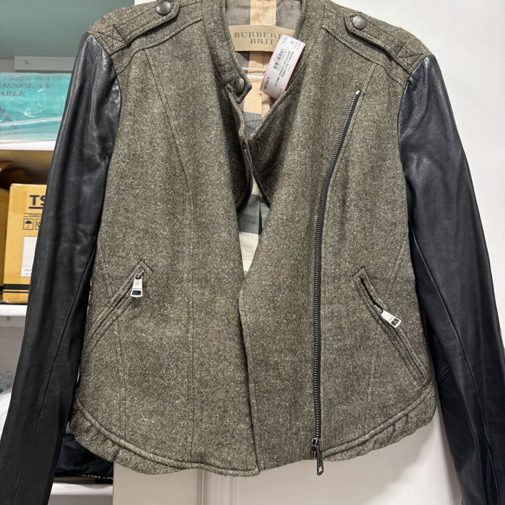 2000s Linen/Wool Leather Sleeve Moto Jacket