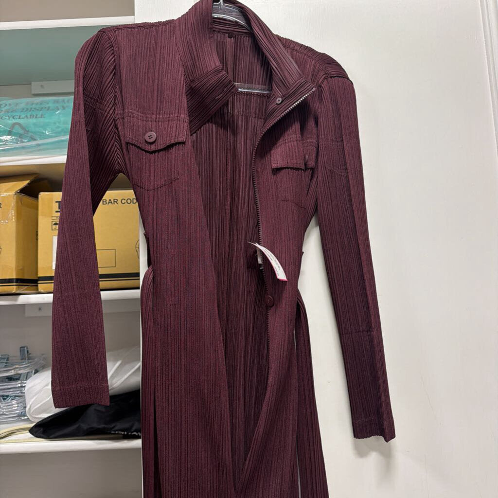 Burgundy Pleated Belted Dress
