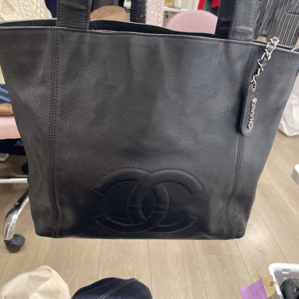 Black Coco Mark Caviar Zip Tote