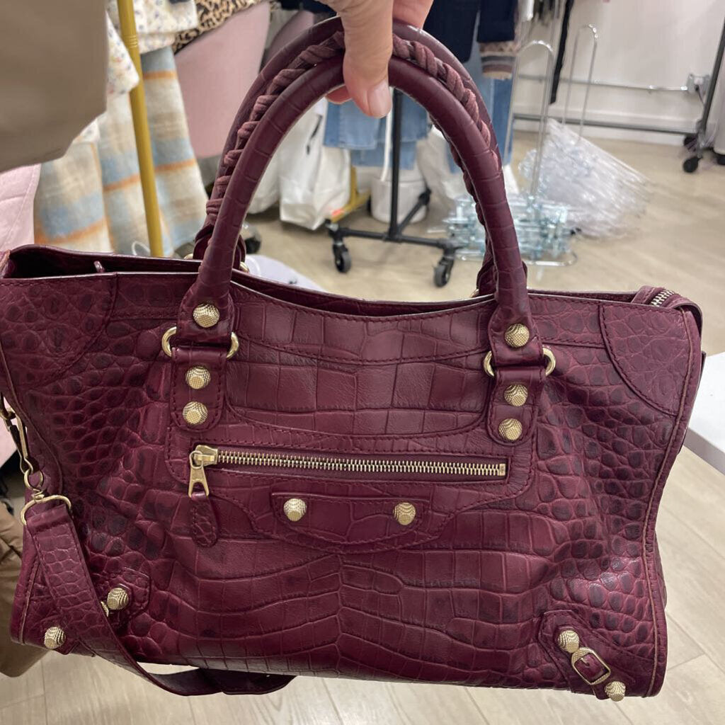 Maroon Croc Embossed City Bag