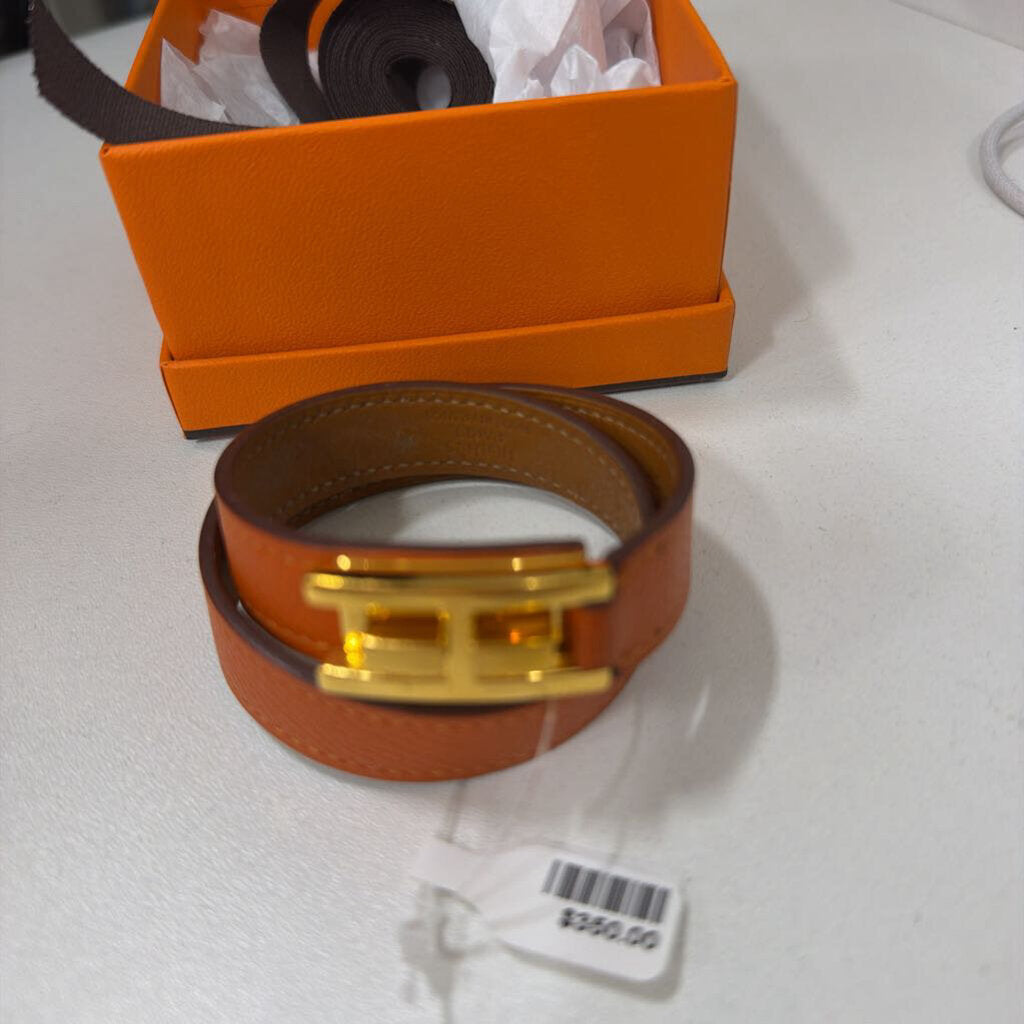 Orange Leather Gold H Double Wrap Bracelet w/ box