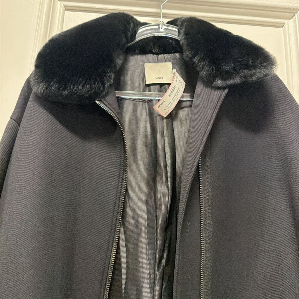 Black Viscose/Poly Blend Rabbit Fur Trim Coat