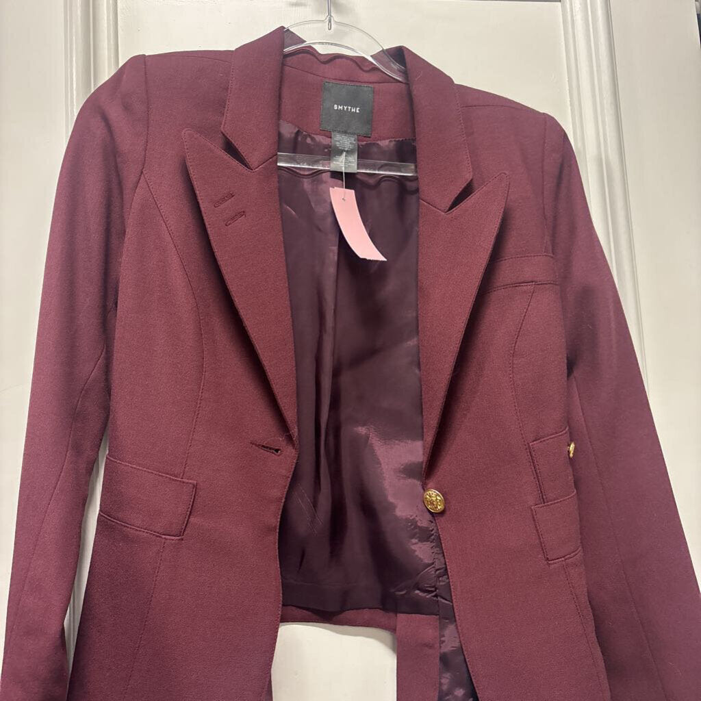 Burgundy Wool Gold Button Blazer, 6