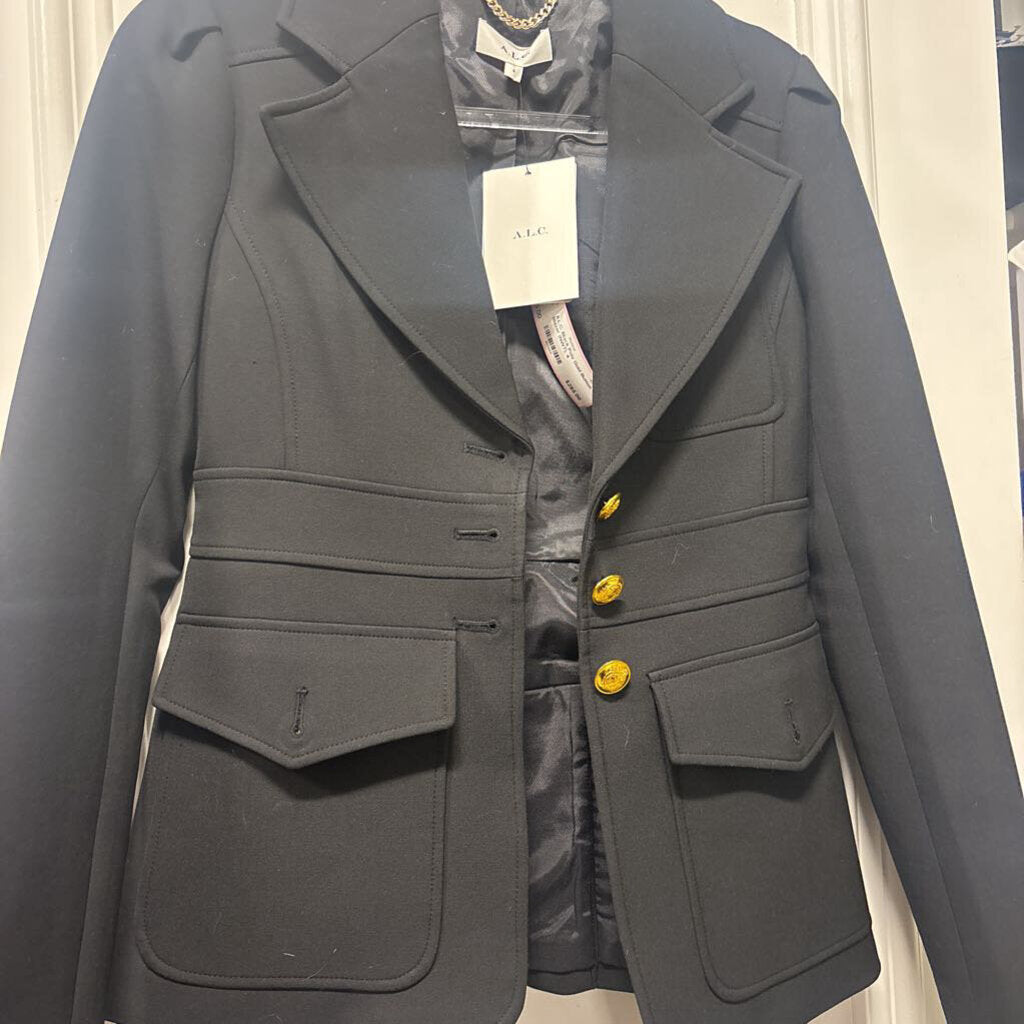 Black Poly Gold Button Blazer (NWT), 4