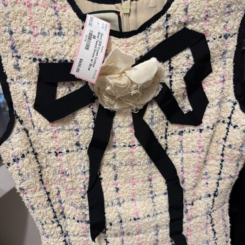 2018 Cream Cotton Blend Tweed Dress w/ Bow Detail