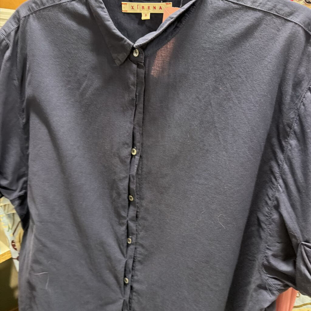 Navy Cotton SS Button Up Top