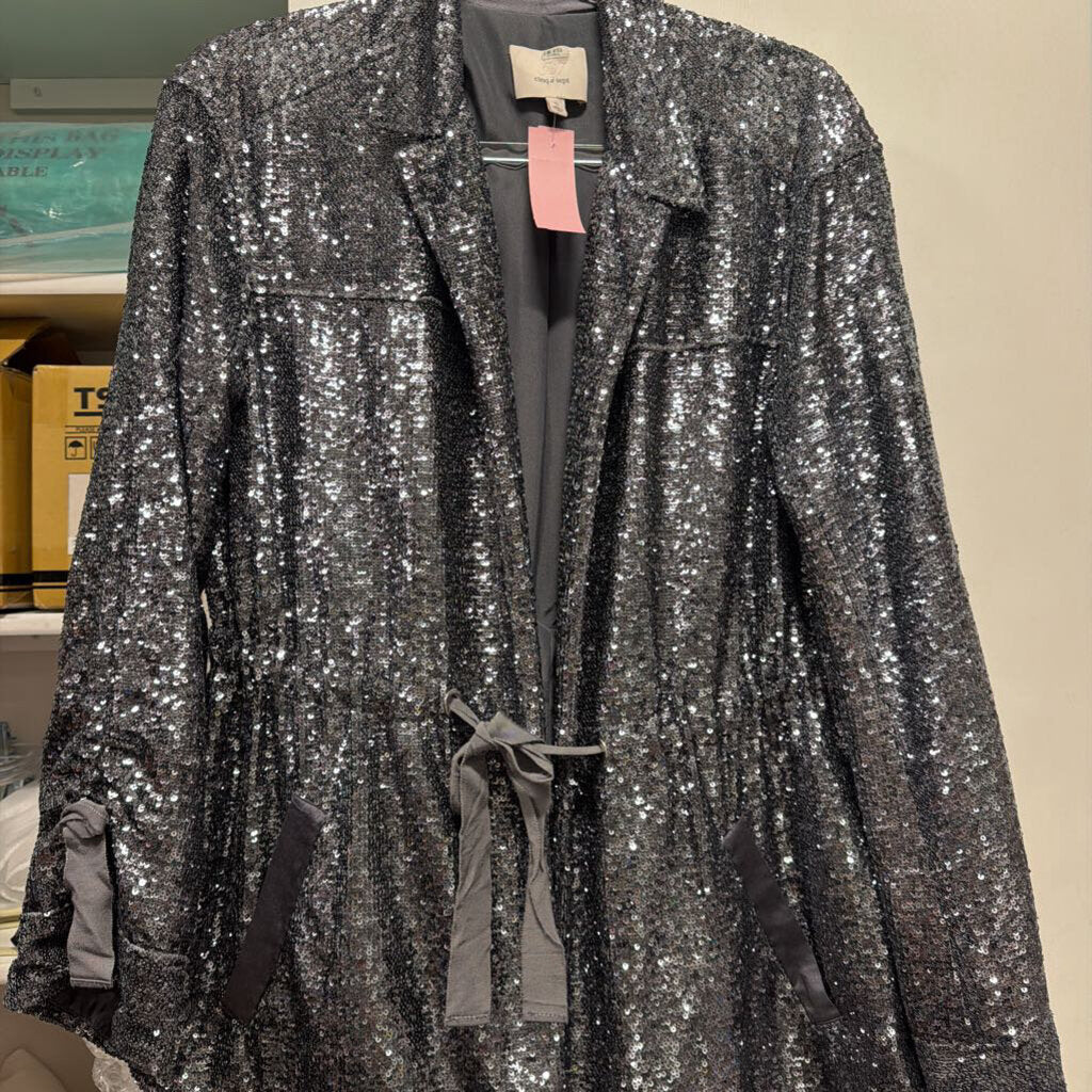 Grey Sequin Cinch Waist Blazer