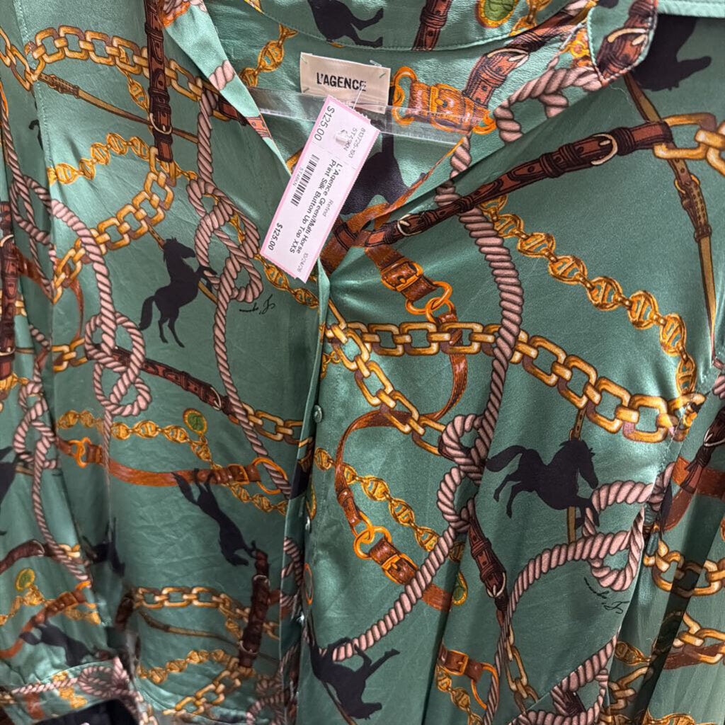 Green/Multi Horse Print Silk Button Up Top