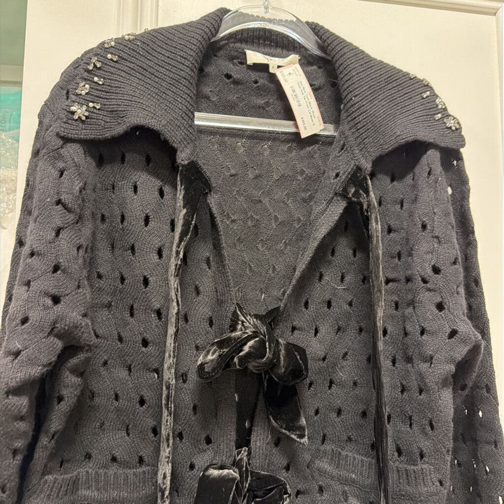 Black Wool Open Knit Tie Front Cardigan