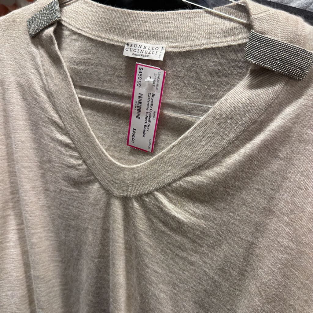 Grey Cashmere V-Neck Beaded Sweater, S