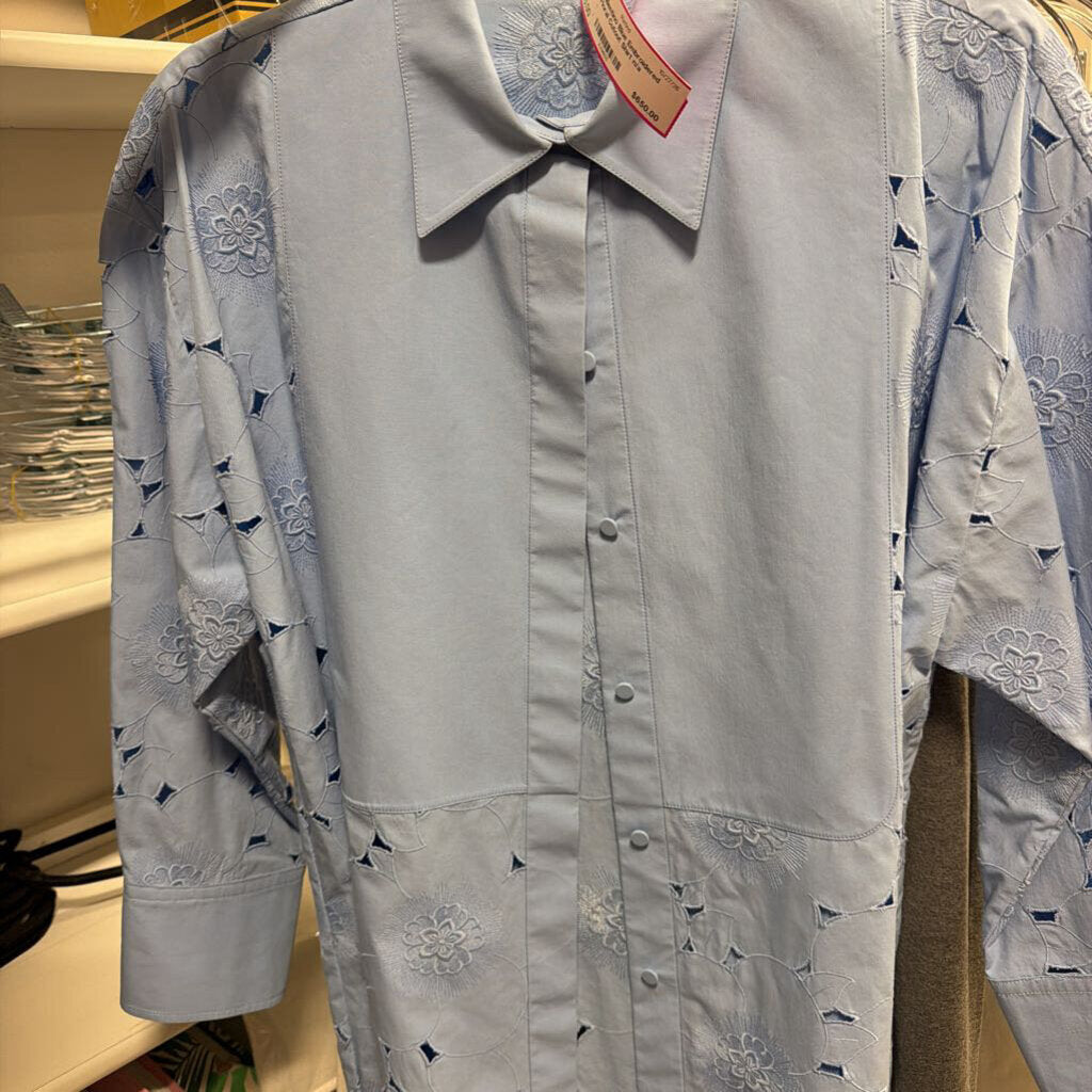 Blue Embroidered Floral Cutout Shirt