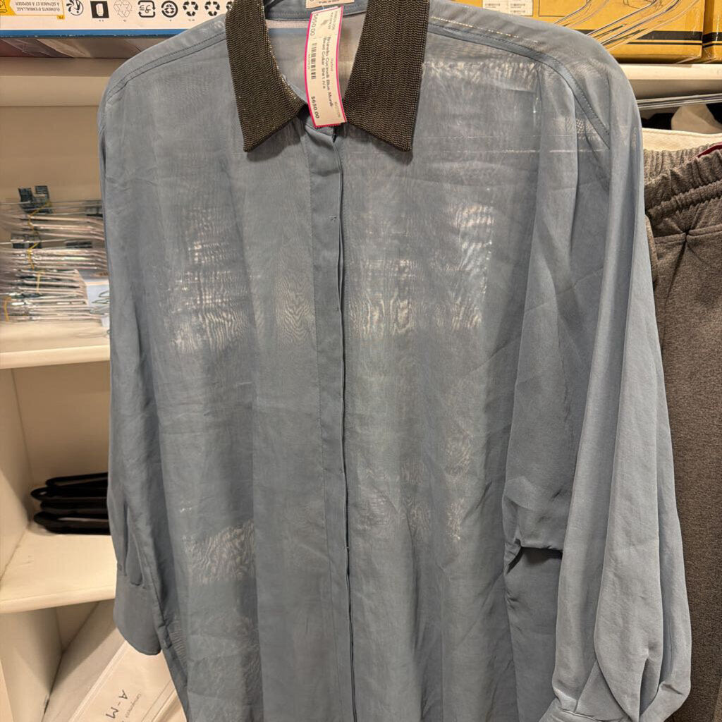 Blue Monili-Bead Collar Shirt