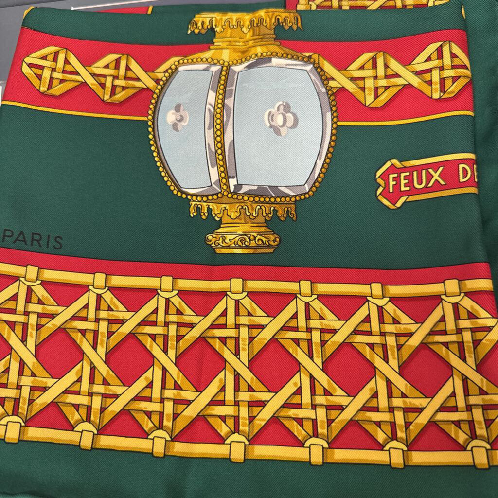 Vintage Green/Red "Feux de Route" Silk Scarf, 90