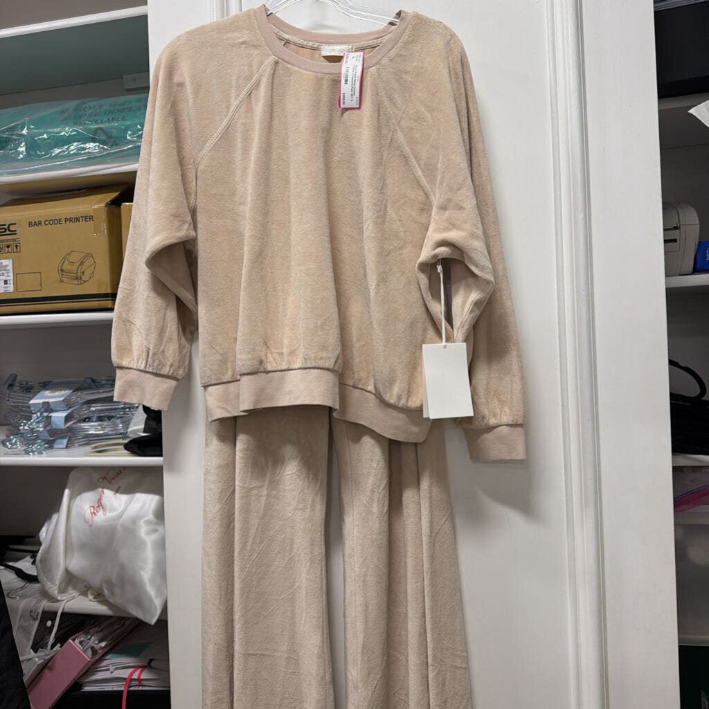 Beige Cotton Velour Crewneck/Pant SET