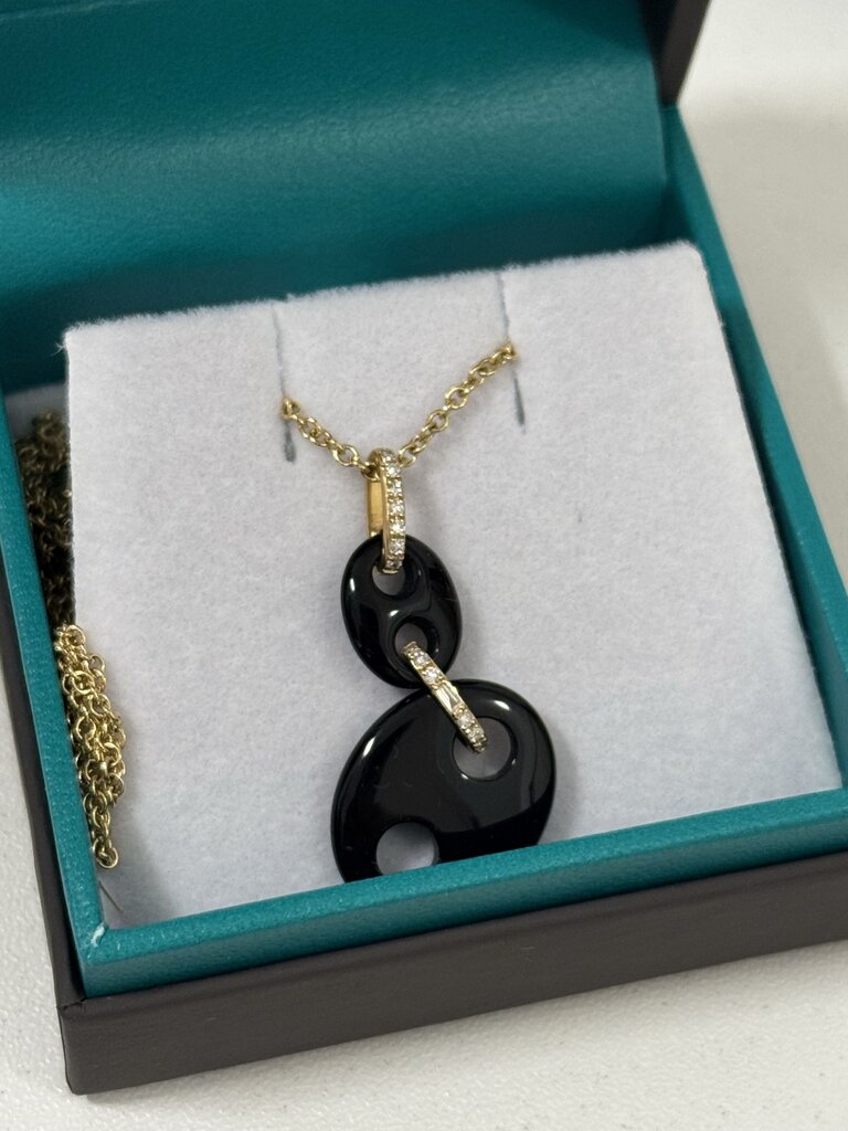 14k Yellow Gold Onyx & Diamond Pendant Necklace