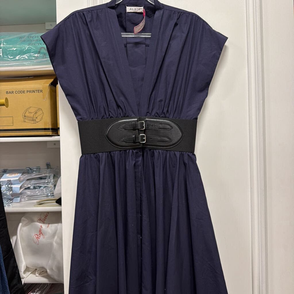 Navy Cotton Leather Belted Midi Dress