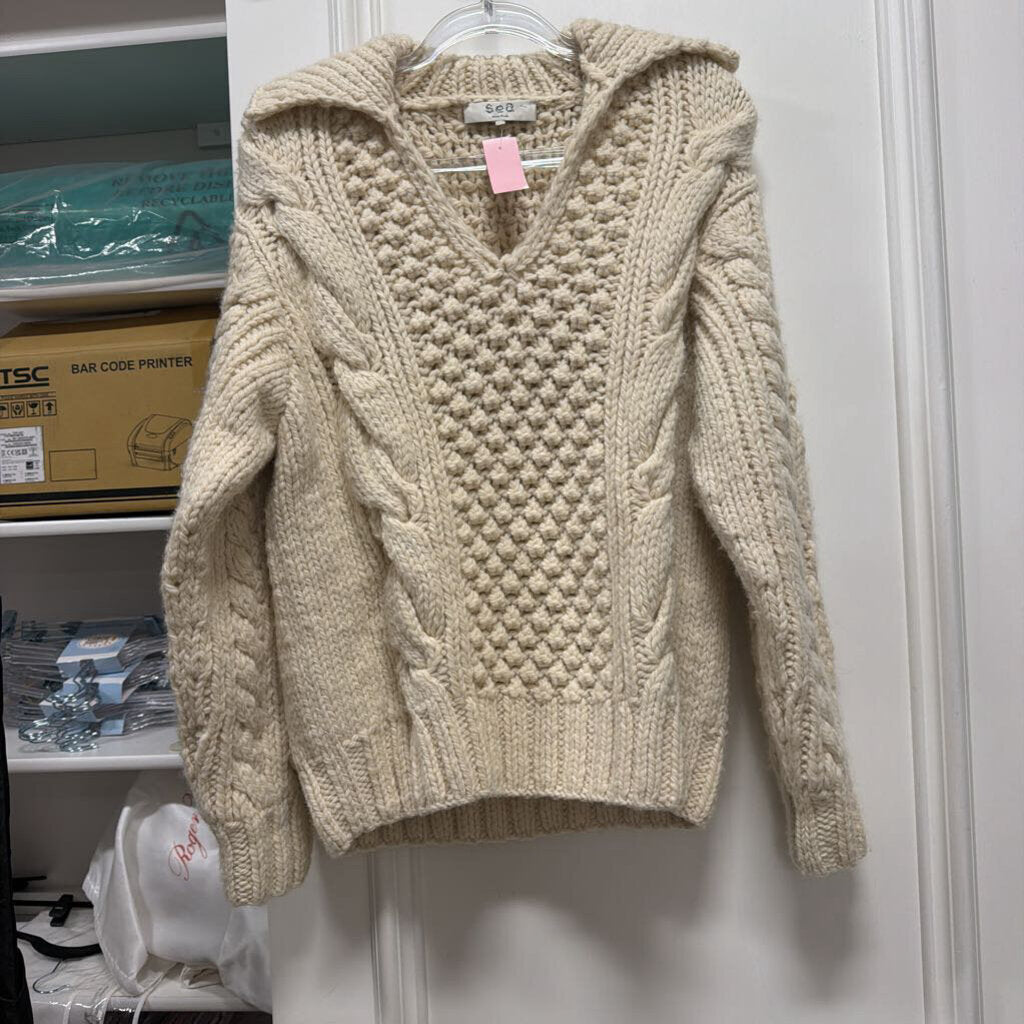 Cream Wool Cable Knit Collared Sweater