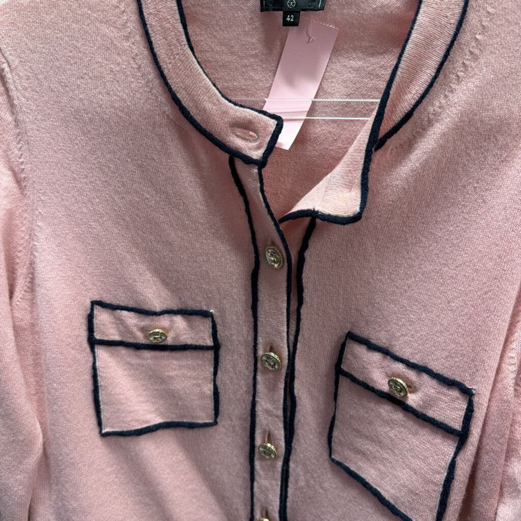 Pink Cashmere Cardigan w/ Navy Trim