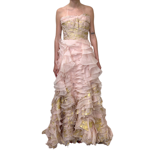 Oscar De La Renta Pink and Gold Ruffle Gown