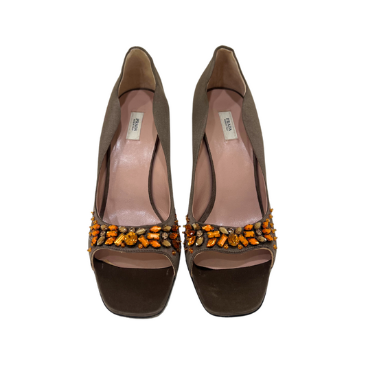 Prada Dark Brown Satin Heel With Orange Rhinestones, 38.5