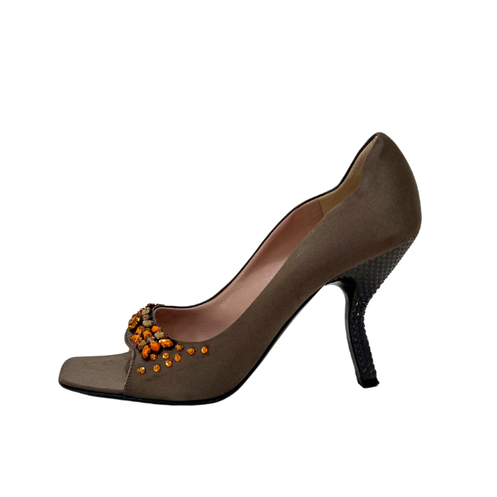 Prada Dark Brown Satin Heel With Orange Rhinestones, 38.5