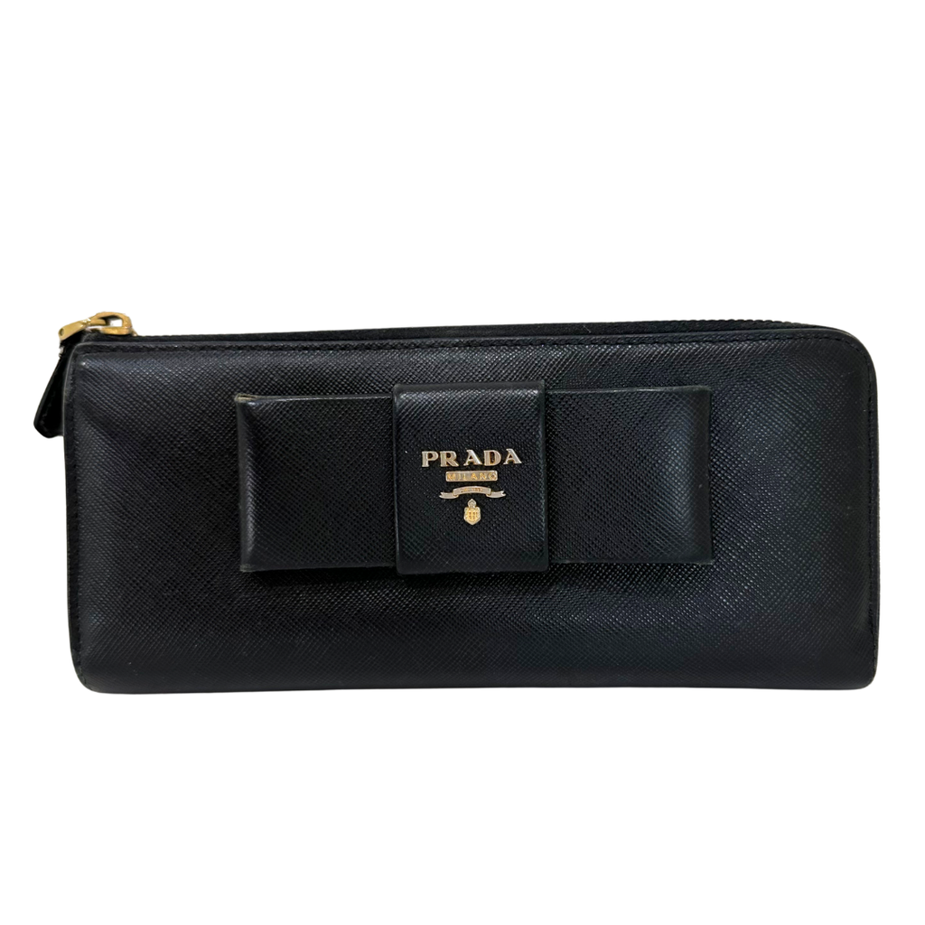 Prada Black Saffiano Zip Bow Wallet