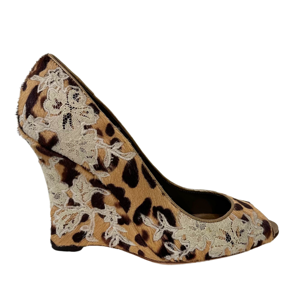 Valentino Fur Animal Print Wedge, 38.5