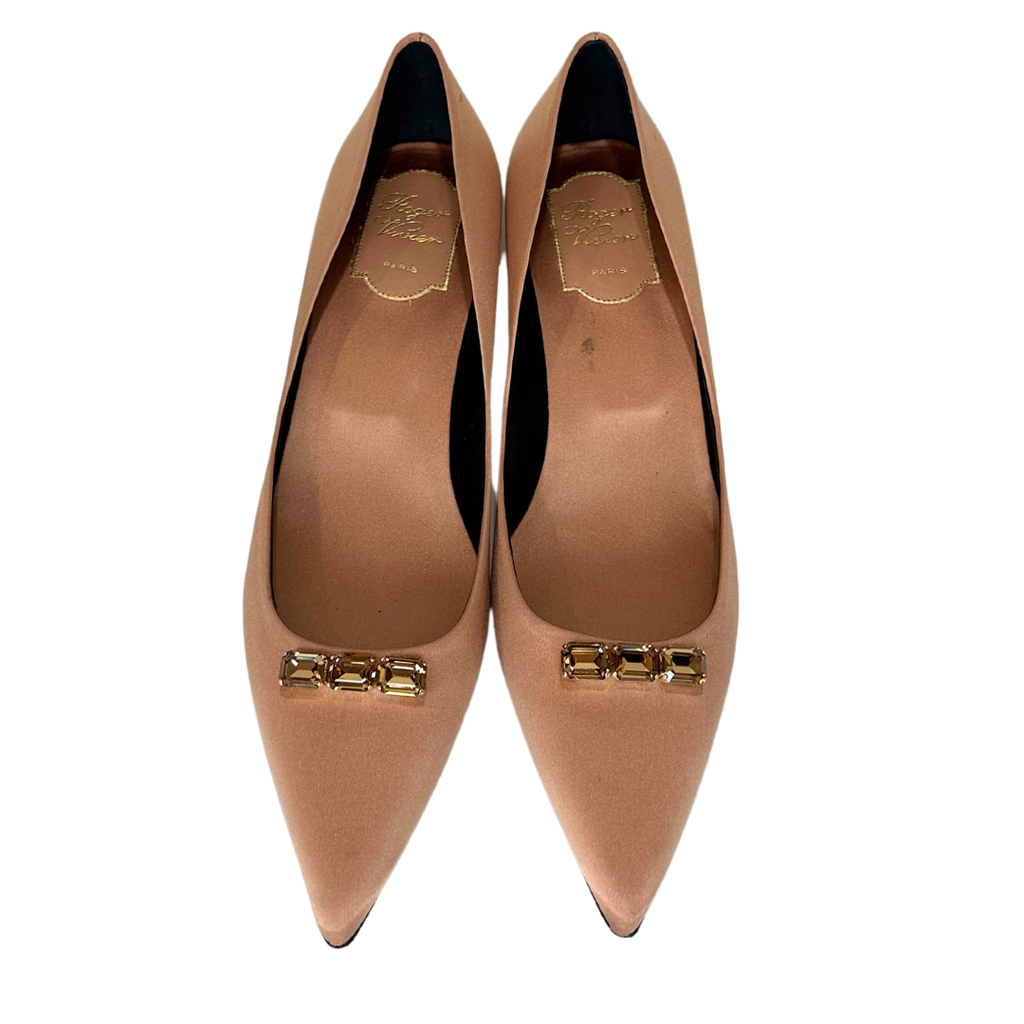 Roger Vivier Rose Gold Satin Heel with Rhinestones, 38.5