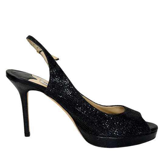 Jimmy Choo Black Shiny Heel with Open Toe, 38.5