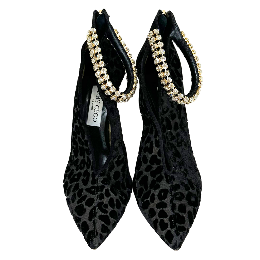 Black Leopard Rhinestone Ankle Strap Shoe