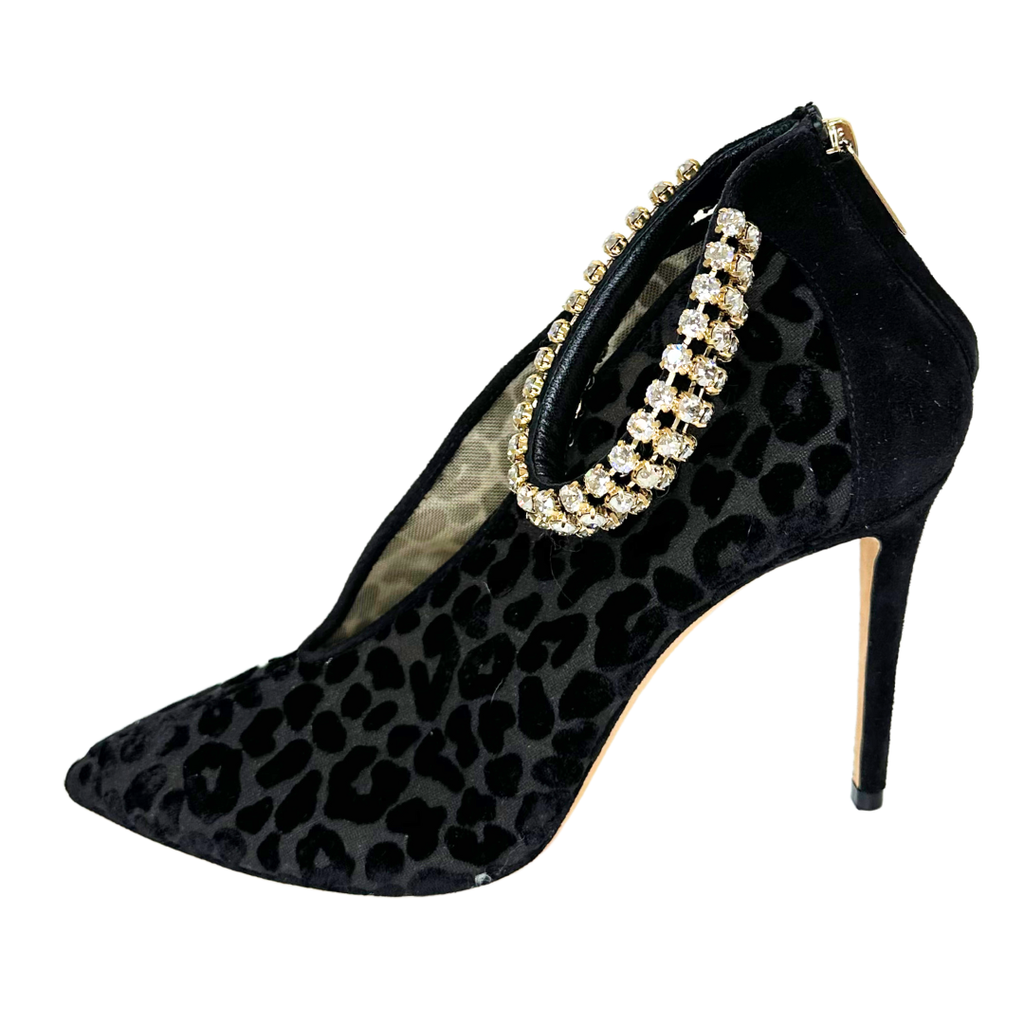 Black Leopard Rhinestone Ankle Strap Shoe